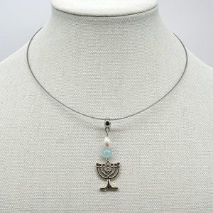 Choker with Freshwater Pearl and Aqua Chalcedony stone. Menorah pendant.